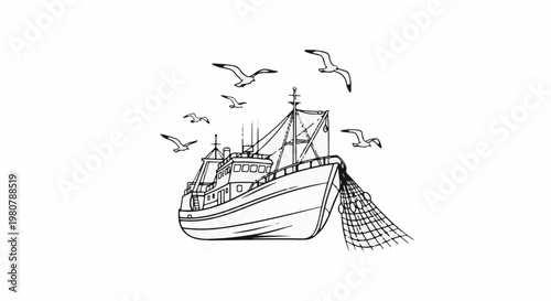 A fishing boat with a net and seagulls flying around it