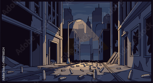 A desolate, bullet-strewn street illuminated by a single lamppost at night