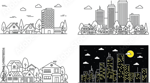 Set of Urban Cityscape Illustrations Featuring Minimalist Line Art Skyscrapers Suburban Residential Houses and Night Skyline with Moon and Glowing Windows for Creative Design Projects