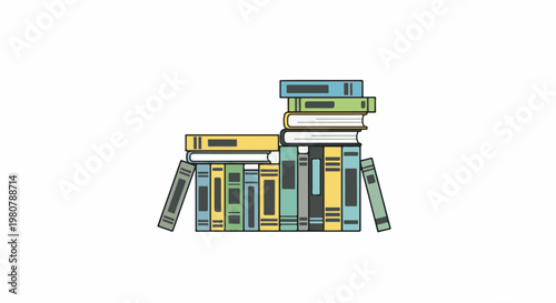 A colorful stack of open and closed books, varying in size and height