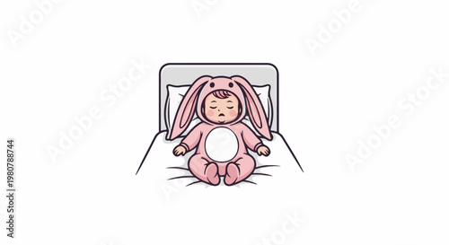 A cute baby in a pink bunny suit sleeps soundly on a bed