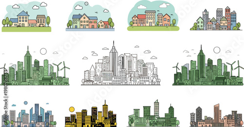 Urban Cityscape Illustration Set Featuring Modern Skyscrapers Suburban Neighborhood Houses Sustainable Green Energy Wind Turbines Architectural Skyline Designs for Real Estate and Business Projects