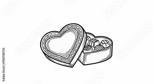 A line drawing of an open heart-shaped box filled with assorted chocolates