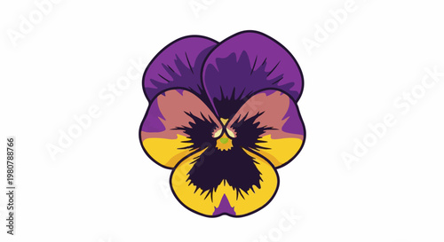 A flat design illustration of a single viola flower in purple and yellow tones