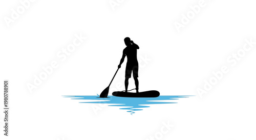 Person standing on paddle board silhouetted.