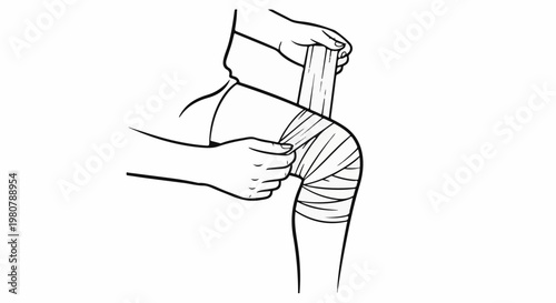 A line drawing shows hands wrapping a bandage around a knee