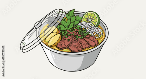 A flavorful soup with tender meat, noodles, and fresh garnishes