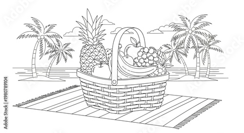 Picnic basket with fruit and palm trees.