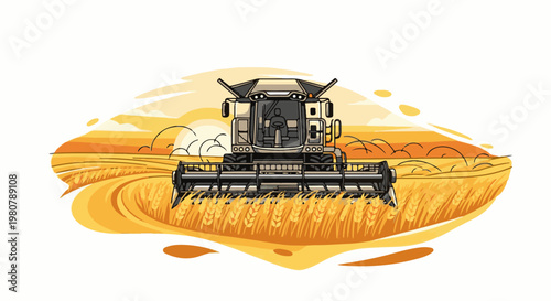 A combine harvester works in a golden wheat field at sunset