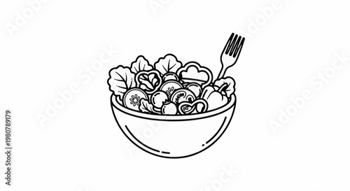 A hand-drawn illustration of a fresh salad in a bowl with a fork