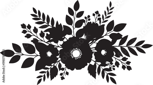 Black floral arrangement with leaves and flowers