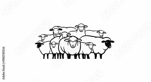 A flock of sheep in various sizes, a stylized outline
