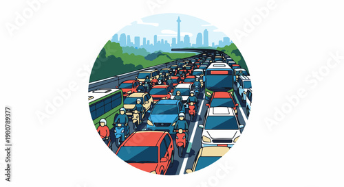 A congested urban highway with a dense traffic jam of cars and motorcycles