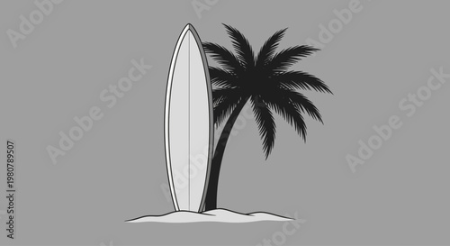 Surfboard standing on sandy beach.