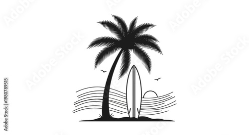 Surfboard standing under a palm tree.