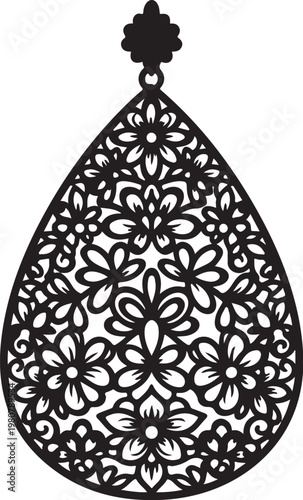 Black floral filigree teardrop earring, laser cut design, intricate flower pattern, jewelry making template