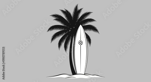 Surfboard standing under palm tree.