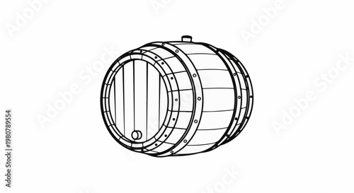 A detailed black and white line drawing of a wooden barrel with metal hoops