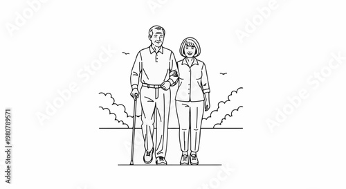 A content elderly couple walks arm in arm with a cane, clouds and birds in background