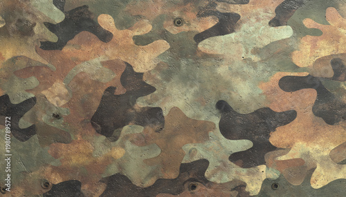Close Up Camouflage Coating on Metal with Rough Weathered Surface and Army Pattern