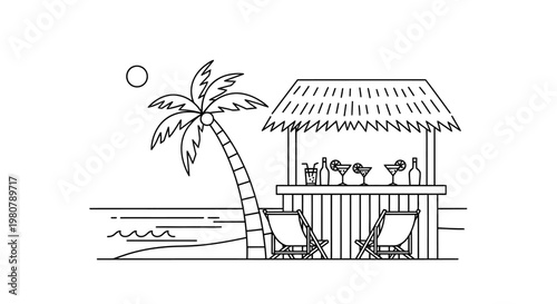 Tropical beach hut with palm tree.