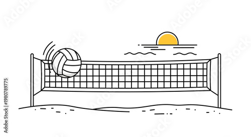 Volleyball in motion over net.