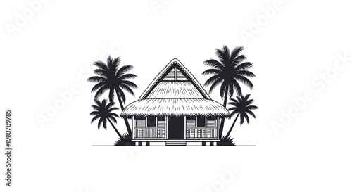Tropical House with Palm Trees Illustration.