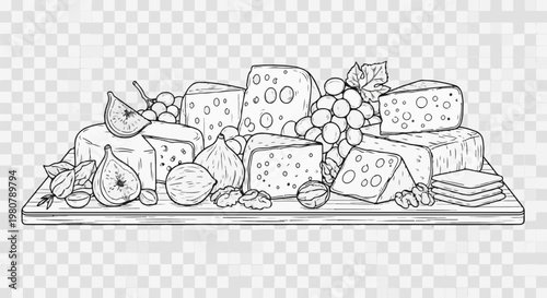 A hand-drawn illustration of a cheese board featuring various cheeses, fruits, and nuts