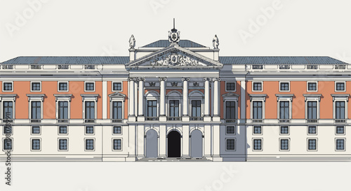 A detailed, colored line drawing of a grand, classical building facade