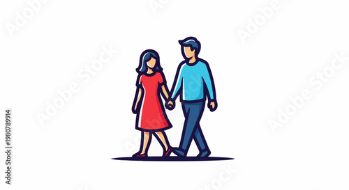 A couple holds hands while walking