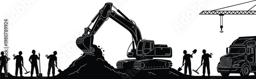 Construction silhouettes scene with workers excavator crane and truck isolated on white background for industrial building and engineering design projectsConstruction silhouettes scene wit