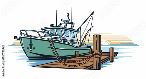 A green fishing boat is docked at a wooden pier with a sunset