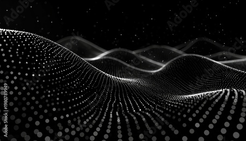 A grayscale visualization of a dynamic, undulating field constructed from countless small points, with a starry background