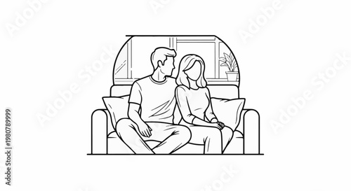 A couple relaxes on a couch in front of a window with a plant