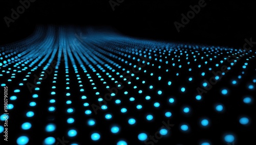 A grid of blue glowing dots stretches across a dark space. The perspective gives the illusion of depth and a curving surface