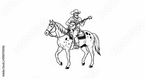 A cowboy with a beard, wearing a hat, plays a banjo while riding a spotted horse