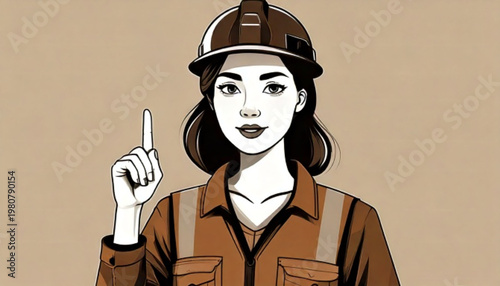 Female construction worker wearing hard hat pointing finger up.