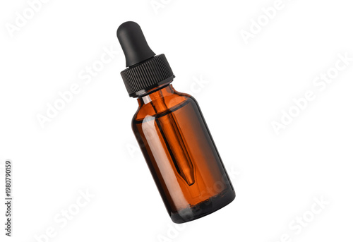Amber glass dropper bottle filled with liquid isolated on transparent background