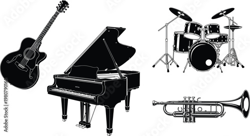 Black and white musical instruments collection featuring acoustic guitar grand piano drum set and trumpet isolated for creative music design projects