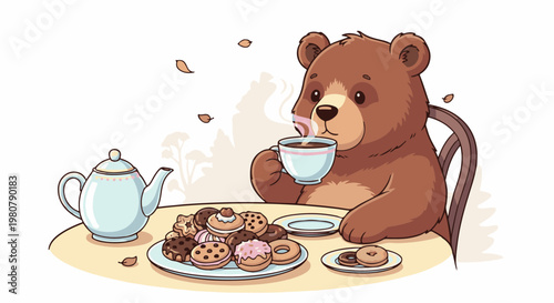 A cozy bear enjoys tea and a variety of sweet pastries at a table