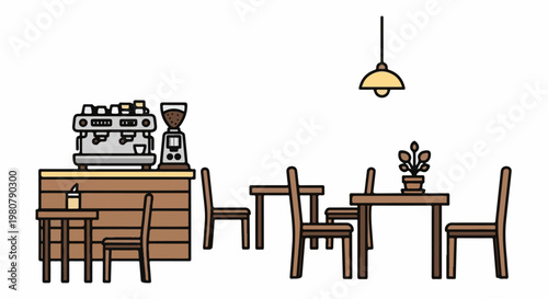 A cozy coffee shop interior with a bar, espresso machine, grinder, tables, and chairs