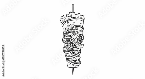 A hand-drawn outline of a shawarma kebab with layered vegetables