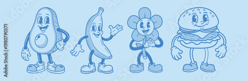 Vector illustration collection pack set of retro groovy cartoon character. retro mascot cartoon characters, groovy cartoons vintage rubber hose style