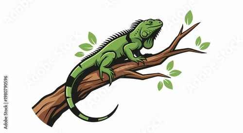 A green iguana with a spiky crest sits on a tree branch with leaves