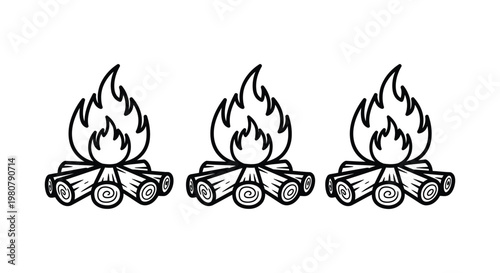 Three simple campfire vector graphic illustrations featuring burning logs set in a clean artistic style