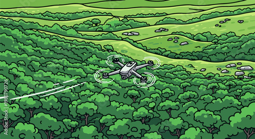 A grey drone flies over a dense green forest and rolling hills