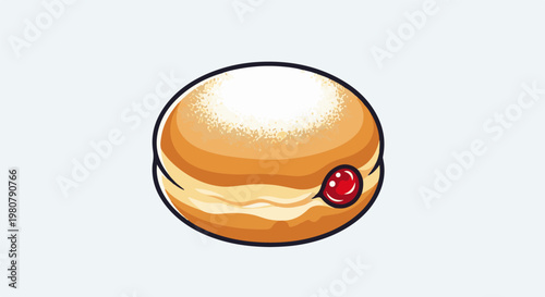 A fluffy fried pastry dusted with sugar and filled with bright red fruit jam