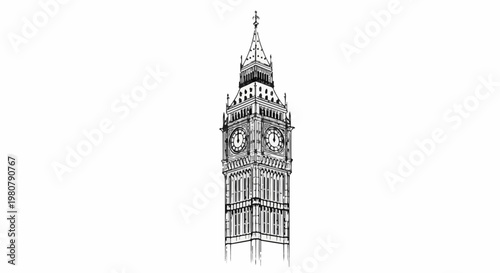 A hand-drawn sketch of a tall, iconic clock tower with multiple faces