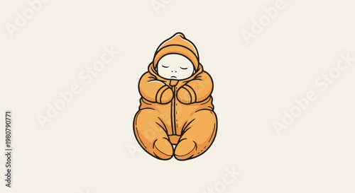 A cozy, sleeping baby in an orange snowsuit