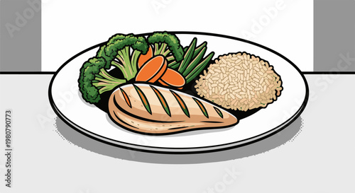 A grilled chicken breast with rice and steamed vegetables on a plate